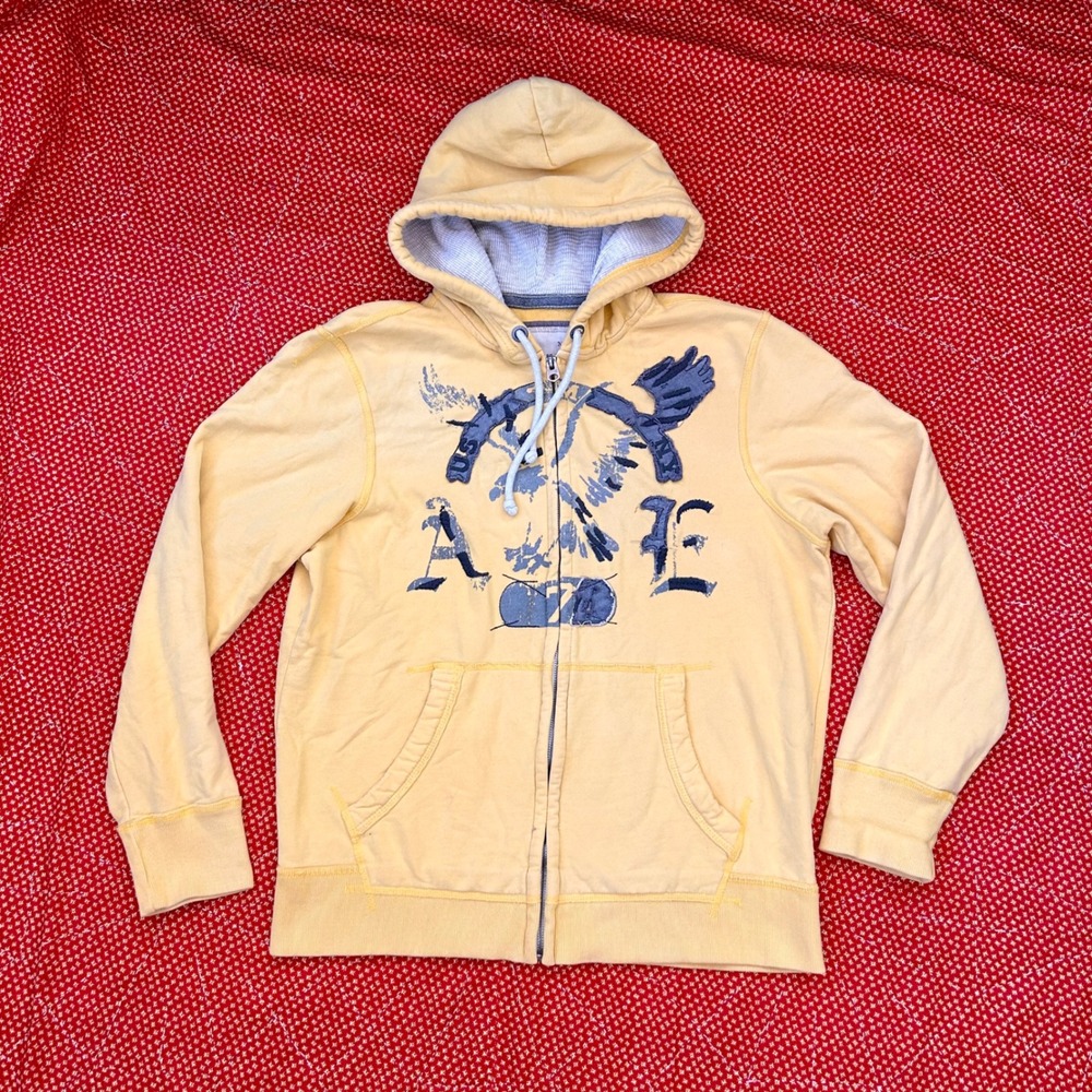 American Eagle Outfitters Vintage Fit Yellow Zip Up Hoodie Large AE Graphic